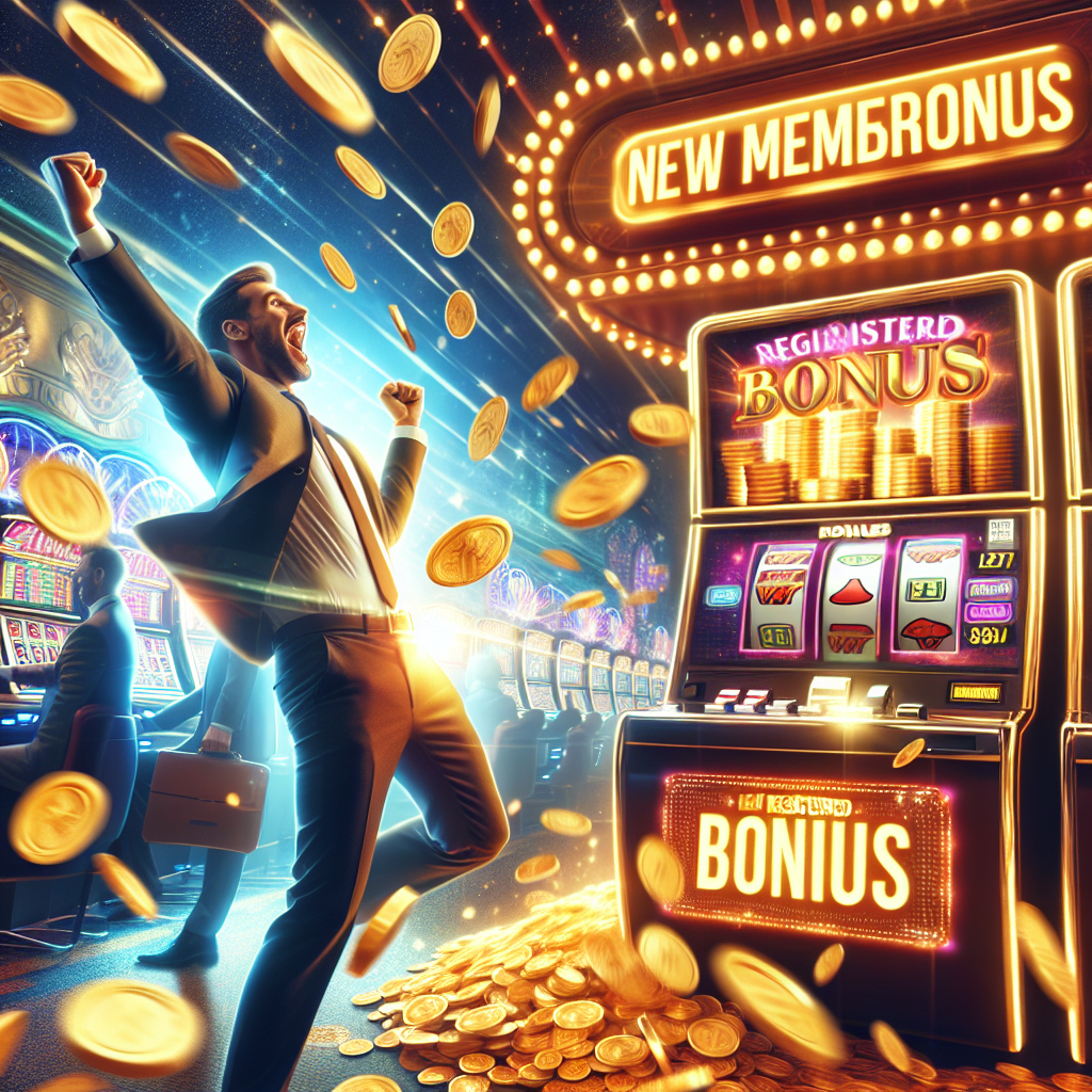 Excited man celebrating slot machine win with "New Member Bonus" and "Bonus" signs glowing in casino.